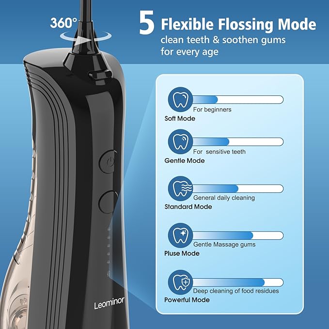 Leominor Water Dental Flosser - 5 Modes Cordless Portable Oral Irrigator, IPX7 Waterproof, Rechargeable Teeth Cleaner Upgrade Datchable Tank Professional Flossing Cleaning Pick for Home Travel (Black)