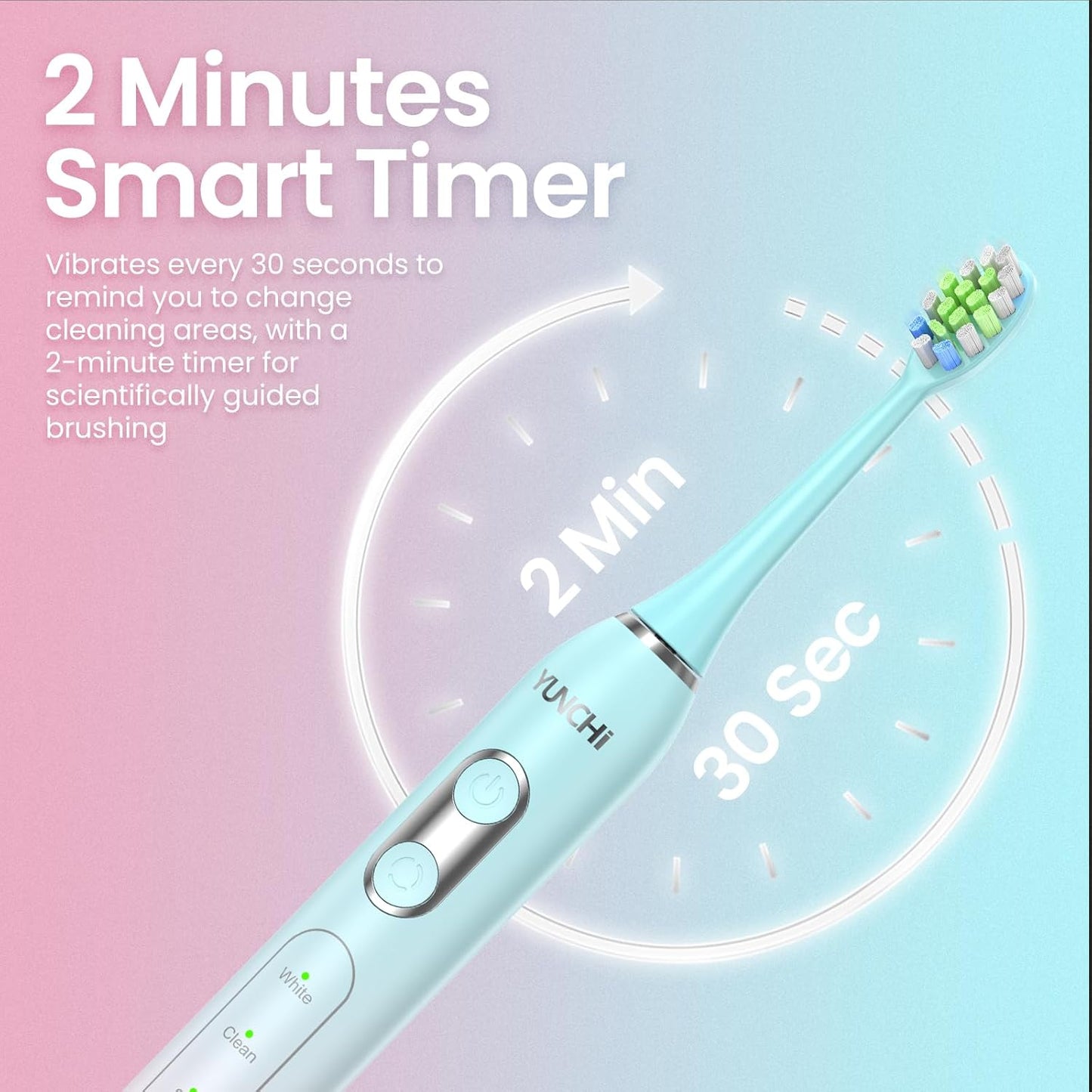 YUNCHI Sonic Electric Toothbrush for Adults & Teen, Rechargeable Battery Electric Toothbrush, 8 Brush Heads, 5 Modes, 44000 VPM Motor, 2 Min Smart Timer, IPX7 Waterproof, Travel Case, 90 Days-Gradient