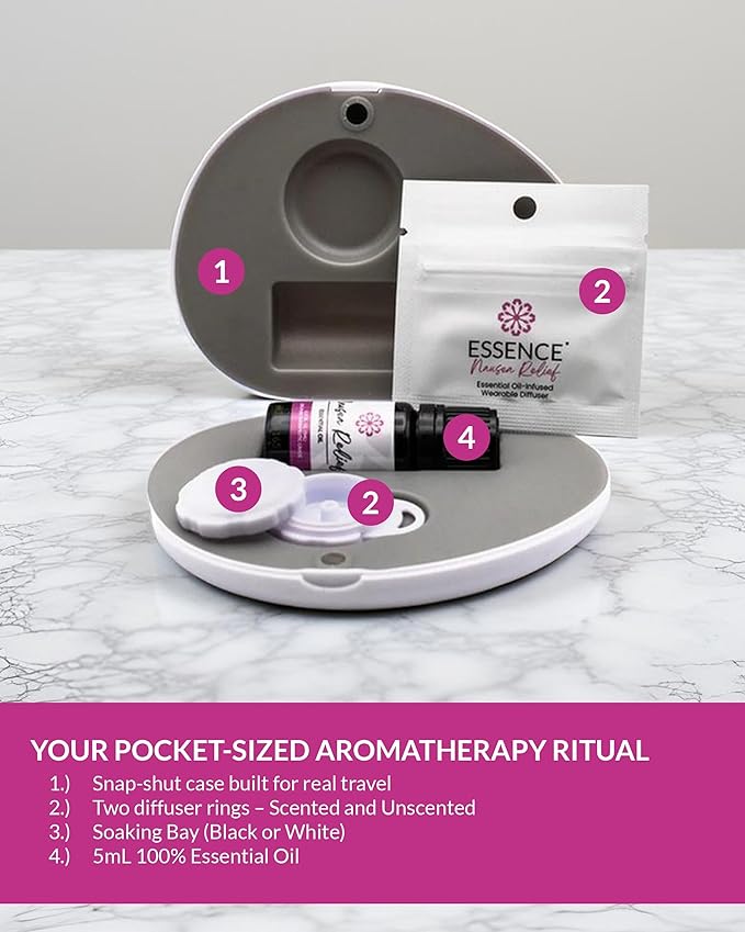Essence Pearl Travel Case - Wearable Aromatherapy Kit with Nasal Diffuser Rings, Soaking Bay, and 5mL Essential Oil – Portable Wellness Gift Set for On-The-Go Self Care