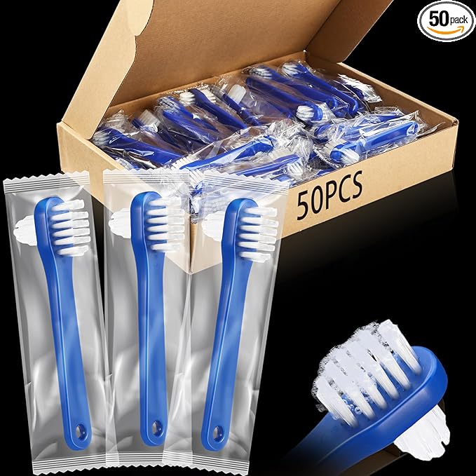 50 Pcs Denture Brush Individually Dual Headed Firm Hard Bristle Toothbrush Denture Cleaner Brush for Cleaning Dentures, Retainers, False Teeth, Braces
