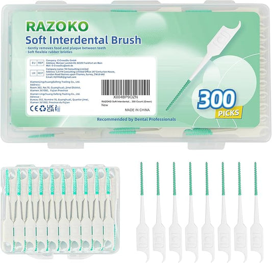 RAZOKO Soft Interdental Brushes Original, Dental Picks for Cleaning Teeth, Disposable Interdental Brushes, with Convenient Carry Case (Green, 300 Count)