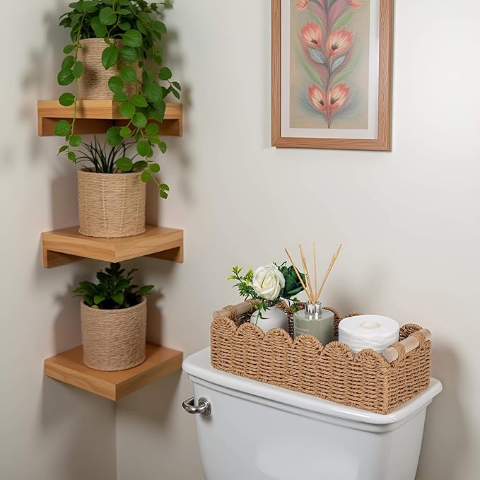 CubesLand Scalloped Decor Basket for Living Room, Home, Bathroom, 2SAME SIZE Paper Rope Basket, Toilet Storage Baskets for Over Toilet Storage Shelf, Cute Woven Basket Both Storage&Decor, Neutral