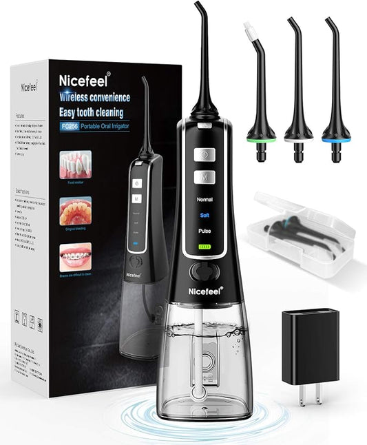 Nicefeel Cordless and Rechargeable Water Flosser - 300ML Water Tank Oral Irrigator, 4 Jet Tips, 3 Pressure Modes - IPX7 Waterproof and Travel Friendly for Dental Care
