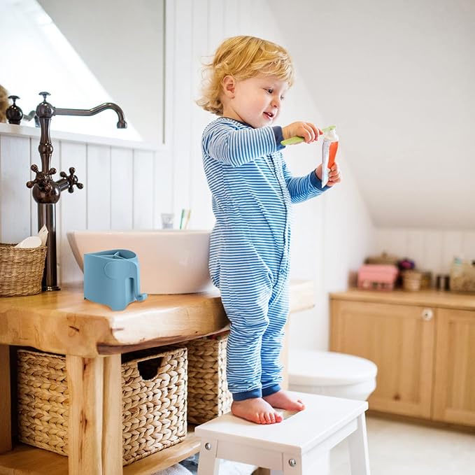 RyanLemon Elephant Toothbrush Holder for Toddler, Suction Cup Cute Toothbrush Holder for Kids, for Bathroom, with 3 Slots and 1 Hook, Blue