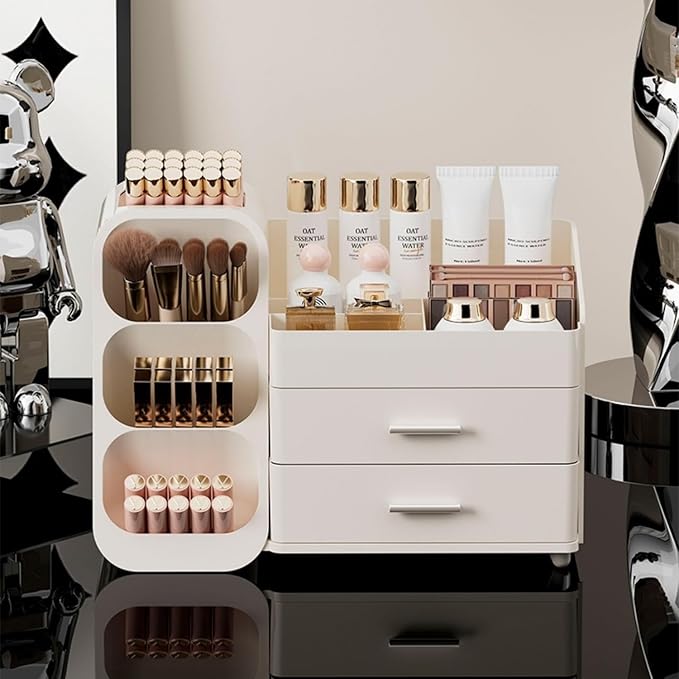 Makeup Organizer with Drawers,Large Capacity Countertop Organizer for Vanity,Bathroom and Bedroom Desk Cosmetics Organizer,Easy To Storage Skincare,Brushes,Lotions,Lipstick (All Cream)