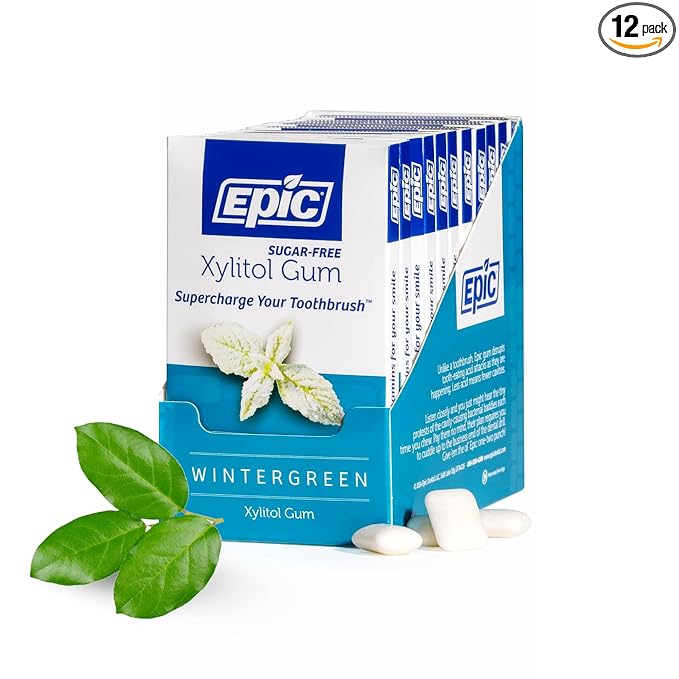 Epic 100% Xylitol Wintergreen Chewing Gum - Sugar Free, Aspartame Free Dental Gum - Supports Oral Health & Fresh Breath - 12 Pieces (Pack of 12)