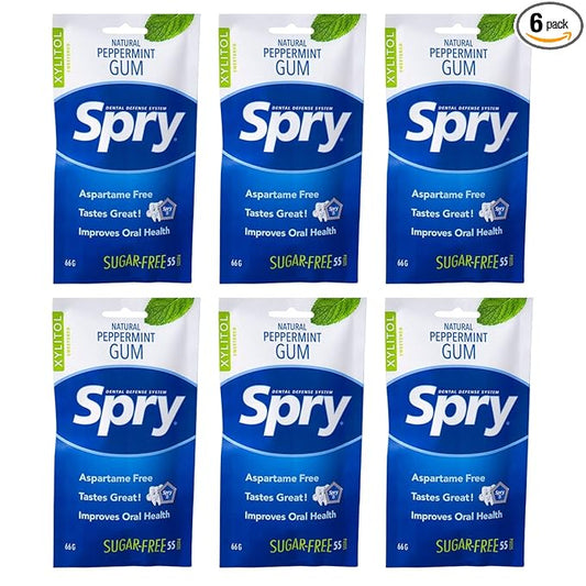 Spry On The Go Fresh Natural Xylitol Chewing Gum Dental Defense System - Aspartame-Free, Sugar-Free, Non-GMO (Peppermint, 55 Count - Pack of 6)