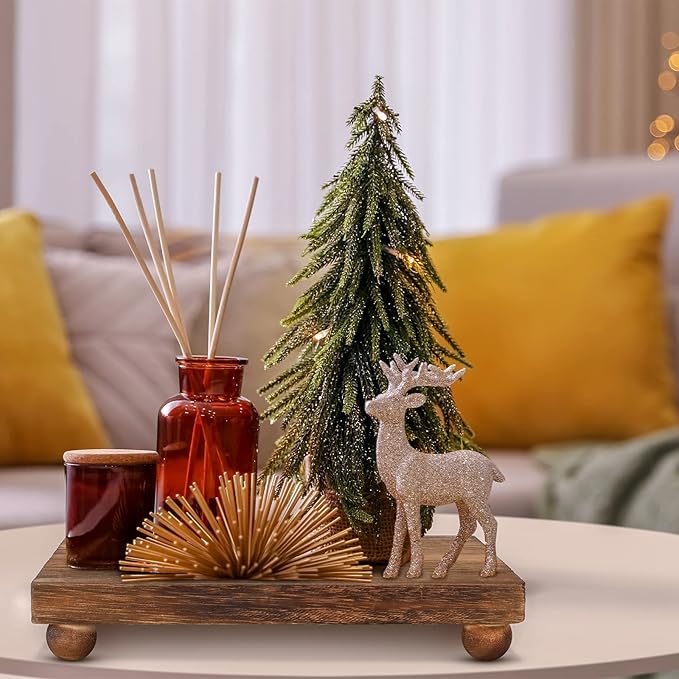 Amyhill Wood Pedestal Stand Kitchen Soap Tray Farmhouse Wooden Riser Stand for Kitchen Bathroom Counter Table Decor Plant Candle Vases Display (Dark Brown, 12 x 7 inch)