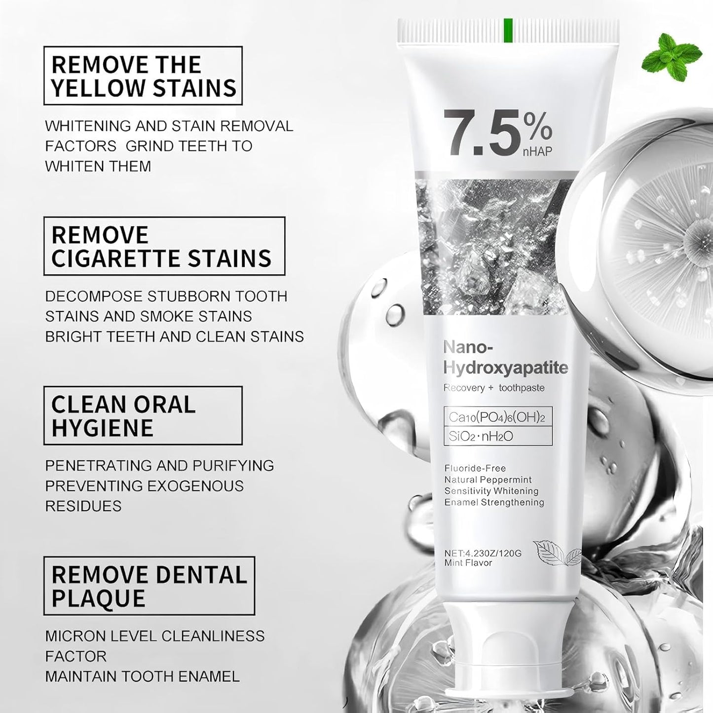 7.5% Hydroxyapatite Toothpaste, Advanced Enamel Protection, Freshening Breath.Deep Cleansing, 7.5% Hydroxyapatite Whitening And Repairing Toothpaste, Fluorine-Free Formula, Containing Mild Mint. (3pc)