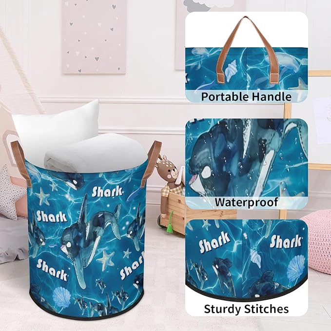 Shark 62L Laundry Basket for Clothes Books Toys Adult Kids Rotundity Laundry Hampers Bin for Bathroom Kitchen Hotel