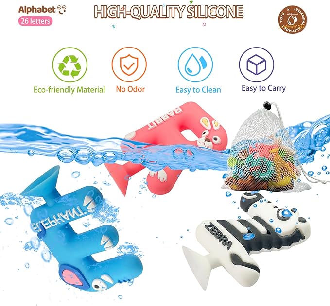 Bath Alphabet Letters,ABC Bath Toys,Alphabet Games,26 Cute Animals Silicone Bathtub Letters with Suction Cup,ABC Learning Toys for Kids Ages 3-5