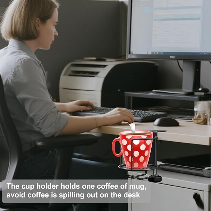 2-in-1 Desk Cup Holder,Anti-Spill Table Water Bottle Holder,Clamp On Table Stainless Steel Drinking Holder,Compatible with Universal Cups/Bottles/Mugs/Cans/Tumblers/Thermoses/Glass,1 Pack