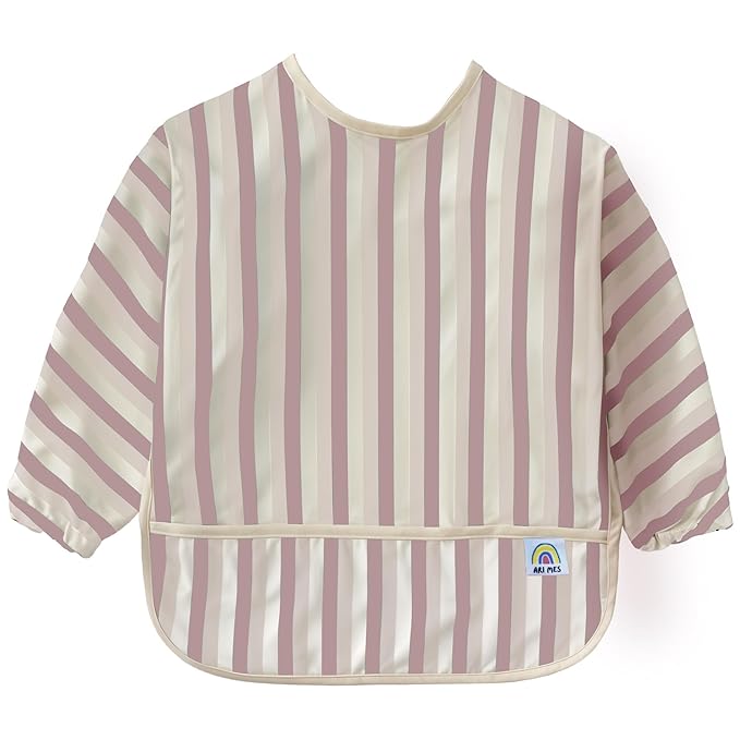 ARI MES Long Sleeves Waterproof Baby Bibs for Eating - Pink Stripes, Large- Wearable, Coverall for Toddler, Long Sleeve Bib, Smock Apron for Feeding - Applicable for 6-72 Months