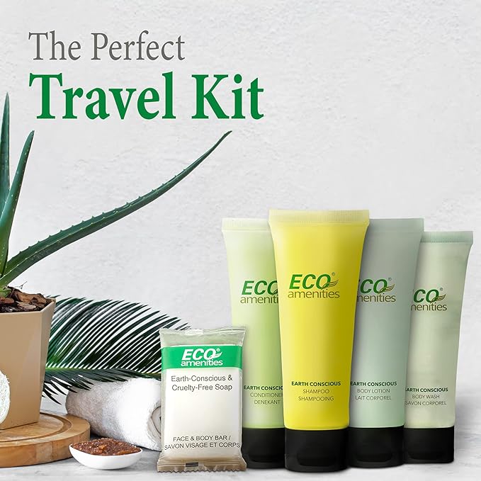 ECO amenities Travel Essentials Toiletry Kit - 150-Piece, 30 x 30ml Shampoo & Conditioner - 30 x 30ml Body Wash & Lotion - 30 x 28g Soap