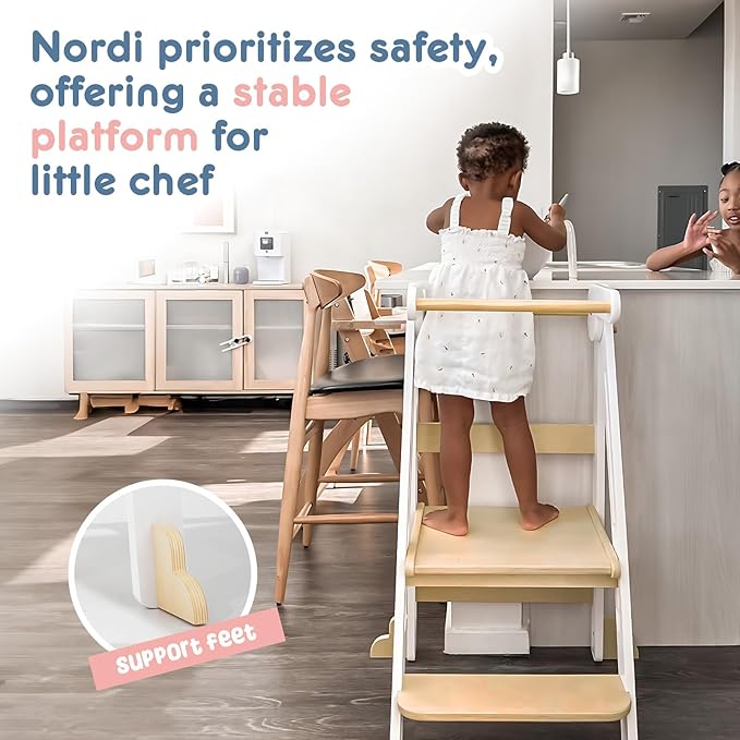 HARPPA Nordi Foldable Toddler Kitchen Tower, Montessori Kitchen Stools Helper, Standing Tower with 3 Adjustable Heights, Suitable Age for 2-6 Years, White