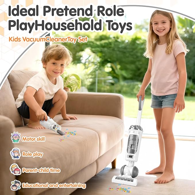 Kids Vacuum Cleaner Toy Set for Toddlers - 2PCS Toy Vacuum Sets for Toddlers 3+ Toddler Vacuum Toy That Works with Sound Effects, Baby Play Vacuum Pretend Role Play Household Housekeeping (White)