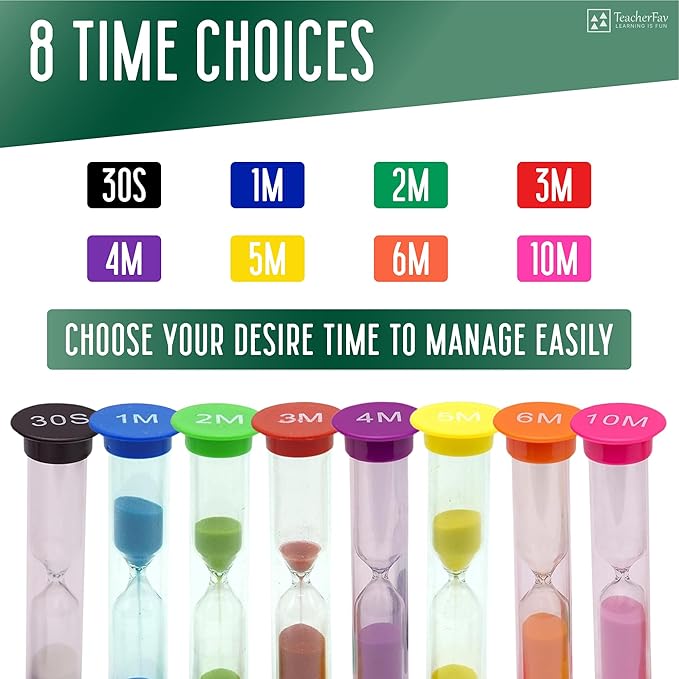 Sand Timer for Kids Set of 8 Small Colorful Hourglass Acrylic Covered Clock 30Sec 1Min 2Min 3Min 4Min 5Min 6 Min 10 Min for Classroom, Home & Kids Room