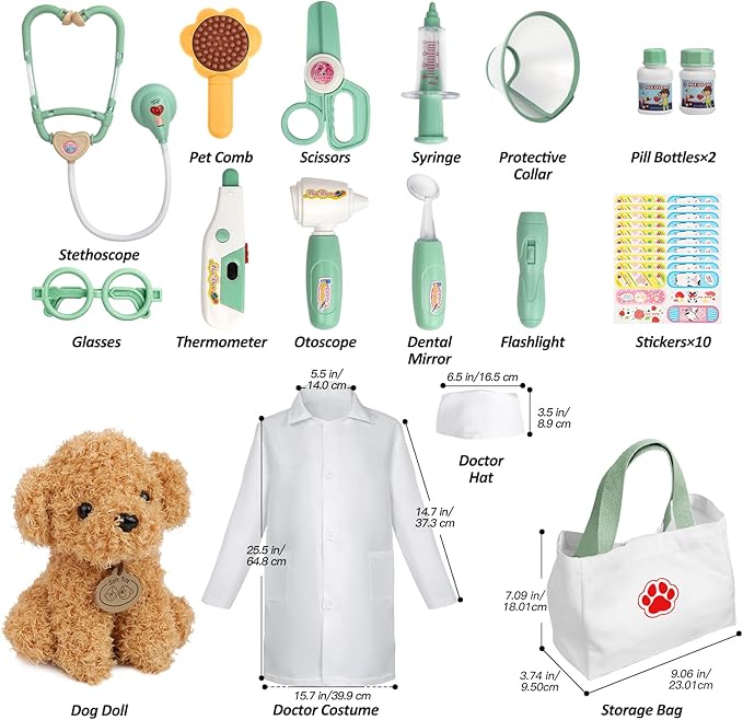 Liberry Doctor Kit for Toddlers 3 4 5 6 Years Old, 26 Pcs Kids Doctor Playset with Dog Toy, Stethoscope and Dress Up Costume, Pretend Play Medical for Boys Girls (Green)
