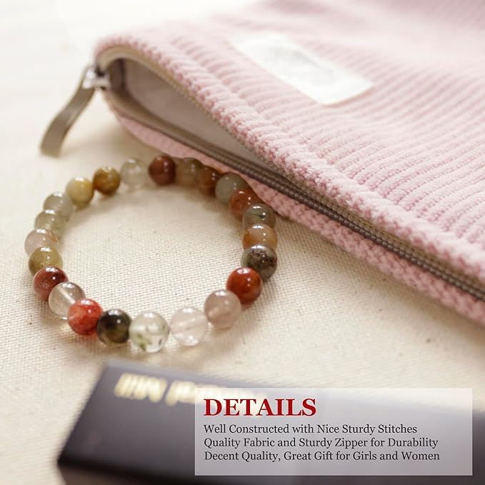 HAPPYHEIDI Large Corduroy Makeup Bag Compartment Cosmetic Toiletry Travel Accessory Pouch Purse Organizer, Soft Creamy Pink