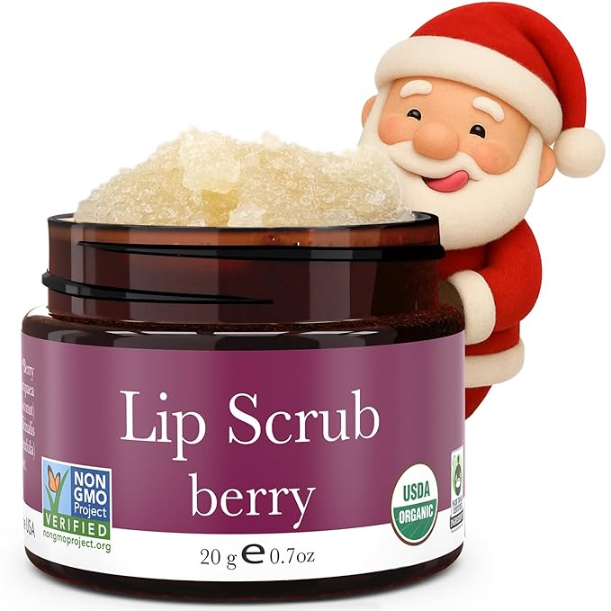 USDA Organic Lip Scrub Berry - USA Made with Natural Ingredients, Christmas Stockings Stuffers for Women, Sugar Scrubber Exfoliator for Dry Lips, Small Beauty Stocking Stuffers for Her