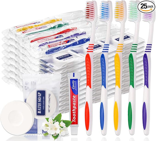 25 Set Disposable Toothbrushes with Toothpaste and Soap Individually Wrapped, 25 pcs Toothbrushes, 5 Colors with 25 pcs Bar Soap(0.5 oz)