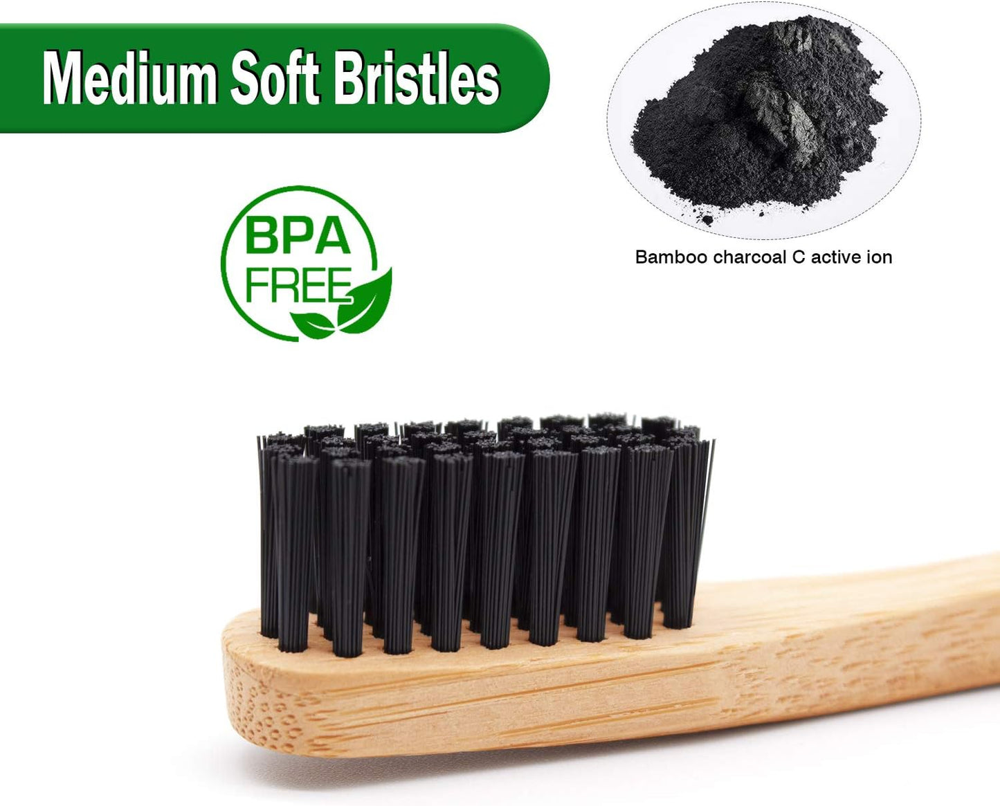 Virgin Forest Bamboo Toothbrush, Biodegradable Bamboo Charcoal Toothbrushes, Natural Eco Friendly Wooden Toothbrush 6-Pack