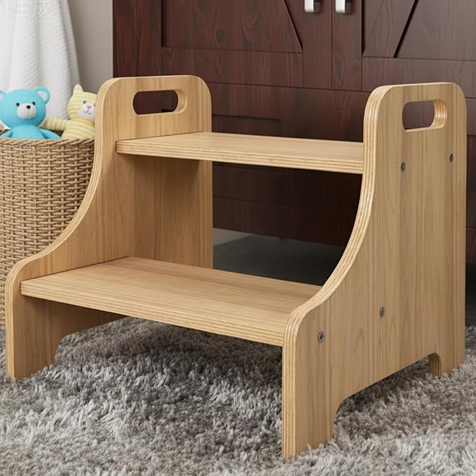 Toddler Step Stool for Kids, Toddler Kitchen Stool Helper with Handles & Non-Slip Pads, Wooden 2-Step Stool for Toddlers for Bathroom Sink, Potty Training, Kitchen & Bedroom 300lbs Capacity(Natural)