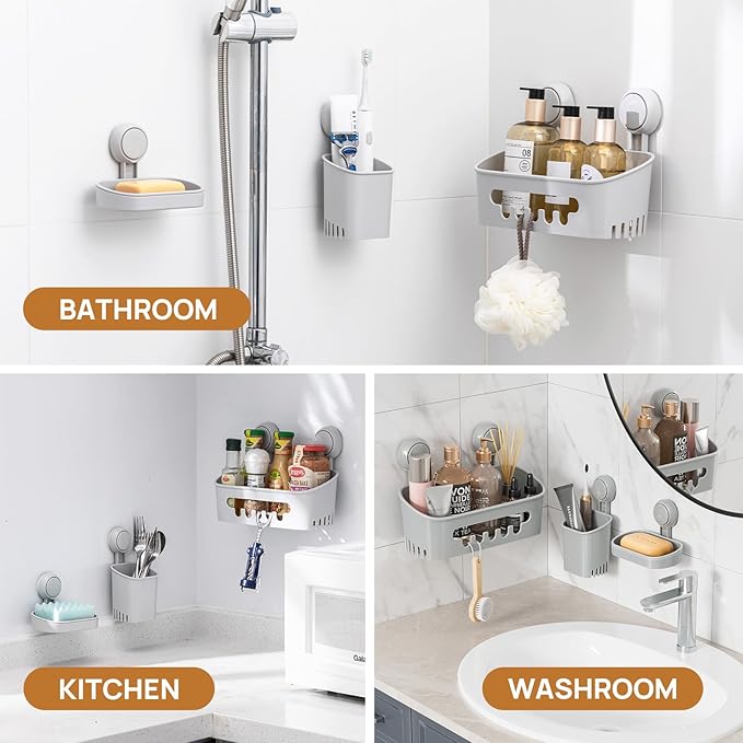 LEVERLOC Shower Caddy Suction Cup Set Shower Organizer & Soap Holder & Toothbrush Holder, Bathroom Shelf Basket NO-Drilling, Removable Suction Storage Waterproof Bathroom Caddy, Gray