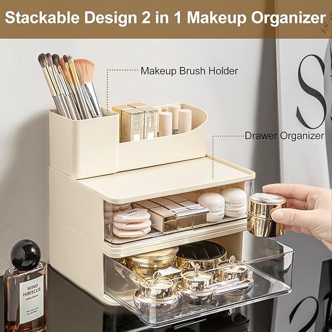 DASITON Makeup Organizer for Vanity with 2 Drawers, Stackable Cosmetic Organizer with Makeup Brush Holder, Plastic Bathroom Organizer Skincare Storage for Brushes, Eyeshadow, Lotions, Lipstick (Cream)