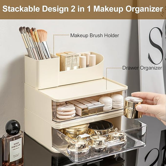 DASITON Makeup Organizer for Vanity with 2 Drawers, Stackable Cosmetic Organizer with Makeup Brush Holder, Plastic Bathroom Organizer Skincare Storage for Brushes, Eyeshadow, Lotions, Lipstick (Cream)