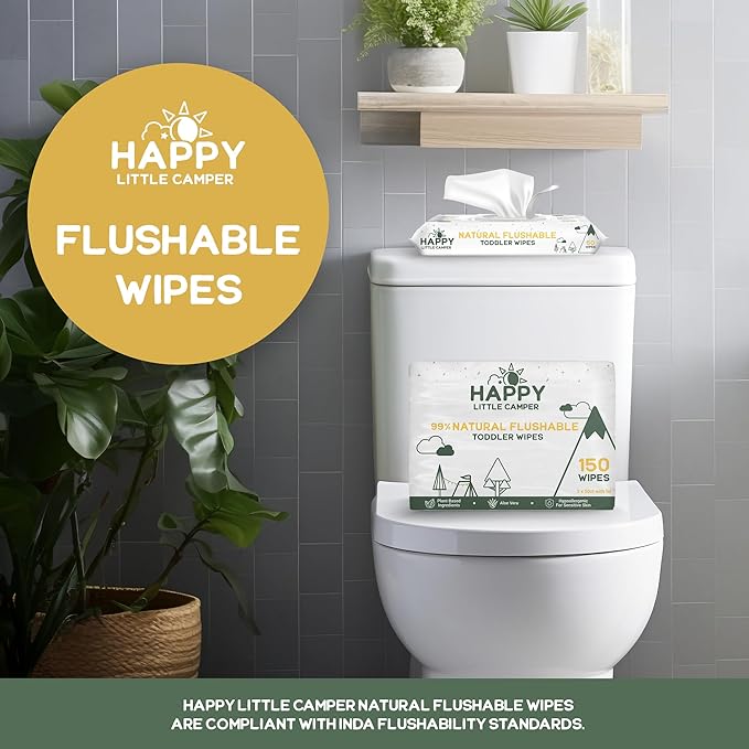 Happy Little Camper Natural Flushable Wipes - Hypoallergenic & Chlorine-Free Wet Wipes with Aloe Vera, Chamomile and Pomegranate Extract - Unscented Baby Wipes Safe for Sensitive Skin - 50 Count