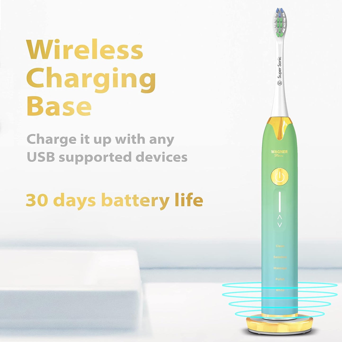 Wagner Stern Ultrasonic whitening Toothbrush with Pressure Sensor. 5 Brushing Modes and 4 Levels of Intensity, 8 Soft bristles, Travel case.