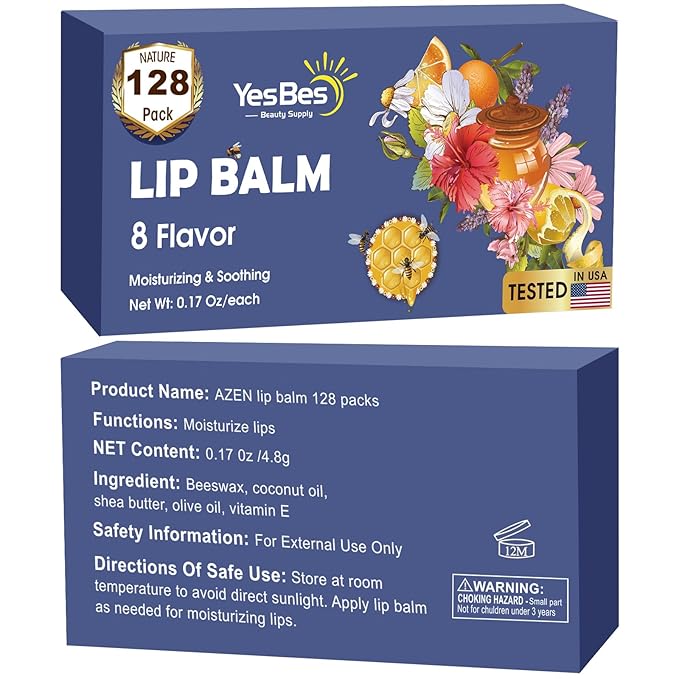 128 Pack Lip Balm, Natural Lip Balm Bulk with Vitamin E and Coconut Oil, Moisturizing Lip Balms for Dry Cracked Lips, Lip Balms for Stocking Stuffers - 8 Flavors