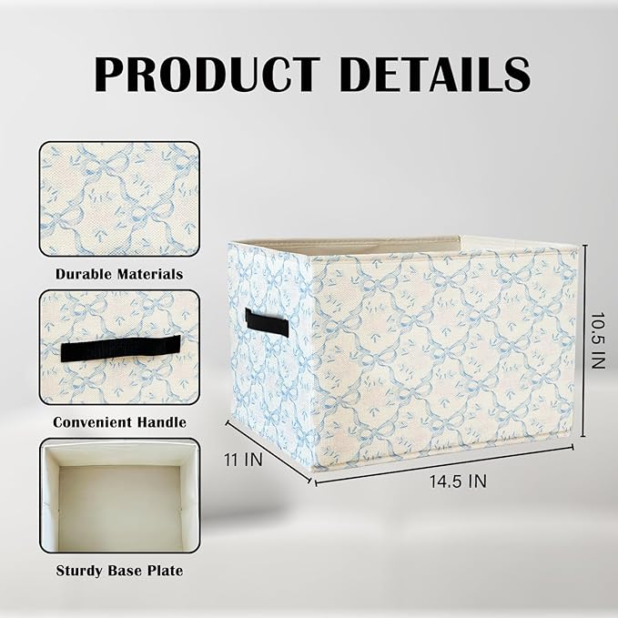 Coquette Blue Bow Floral Storage Basket Bins With Handles for Girls Kids, Bow Floral Pattern Foldable Laundry Basket for Girls Room Nursery Bedroom Bathroom Clothes Toys Books
