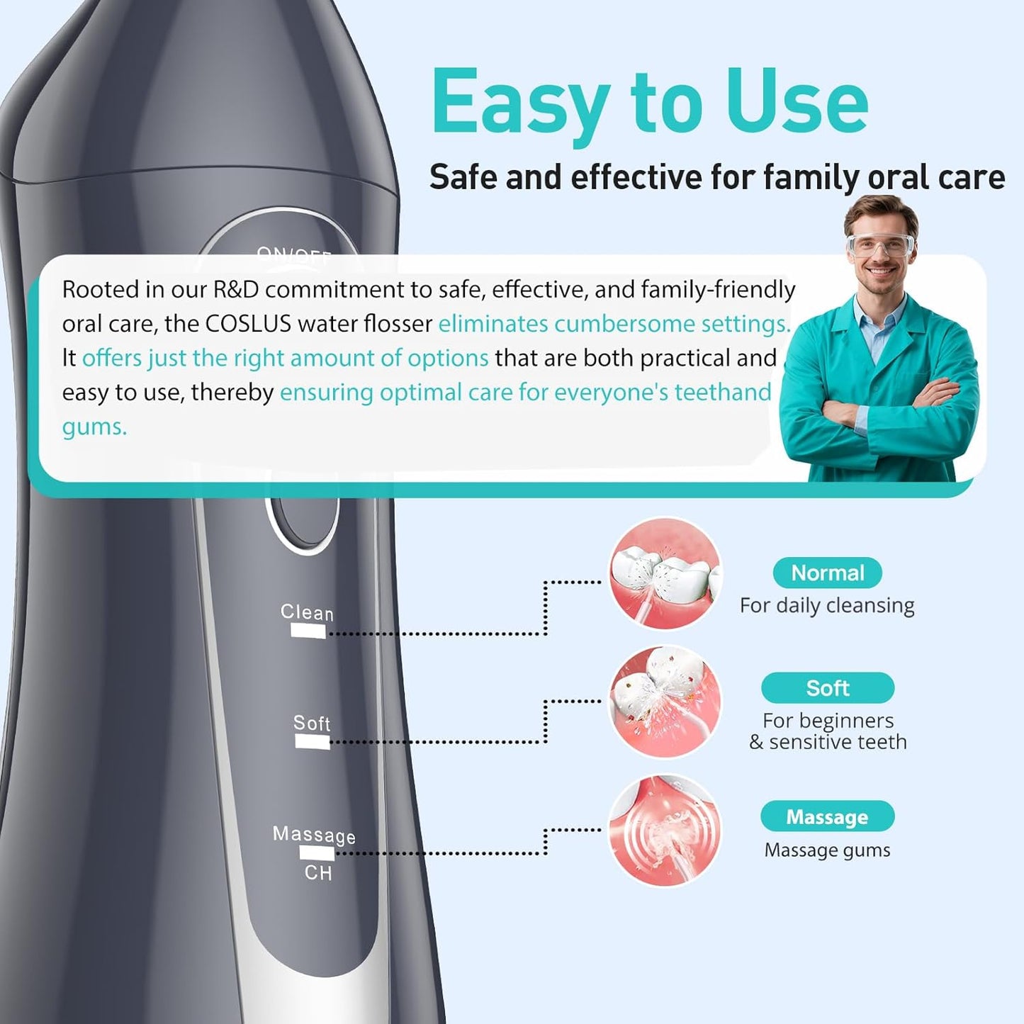 COSLUS Water Dental Flosser Teeth Pick: Portable Cordless Oral Irrigator 300ML Rechargeable Travel Irrigation Cleaner IPX7 Waterproof Electric Flossing Machine for Teeth Cleaning C20(F5020E) Grey