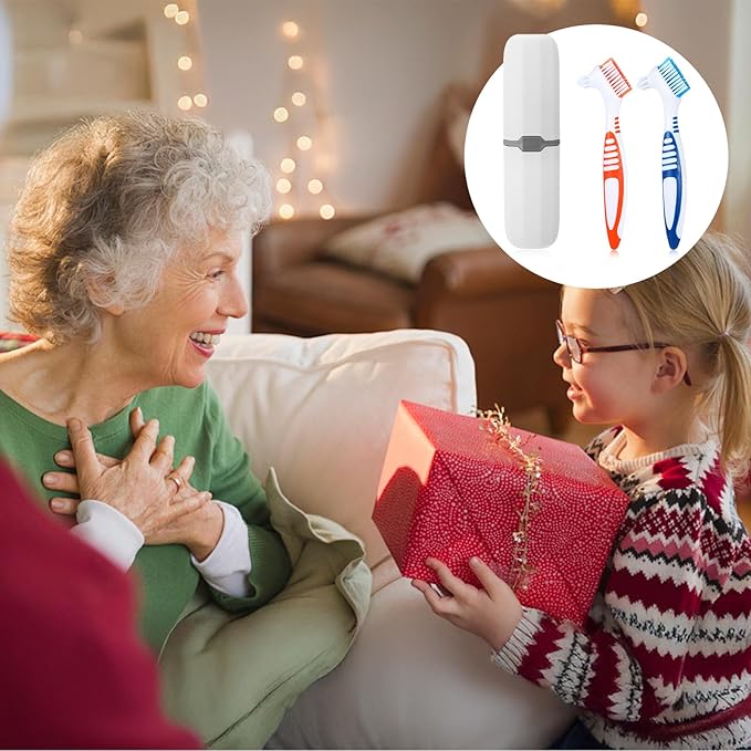 2Pcs Denture Brush, Denture Cleaning Brush Set with White Carrying Case Denture Toothbrushes with Multi-Layered Soft Bristles and Rubber Anti-Slip Handle (Blue + Orange)