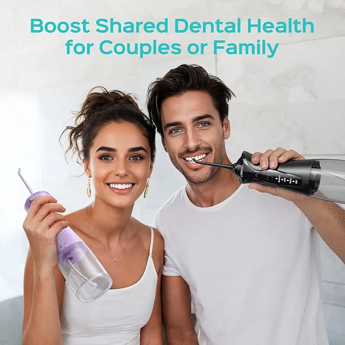 COSLUS 2-Pack Water Flosser for Teeth: Water Dental Pick Set with Refined Packaging for Couples Friends, 3 Modes & 8 DIY Levels for Sensitive Gums & Braces, Ideal for Family Sharing, Black & Purple