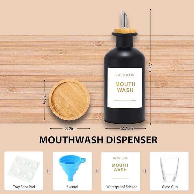11.8OZ Glass Mouthwash Dispenser for Bathroom with Stainless Steel & Bamboo Nozzle, Mouthwash Cup Reusable, Bamboo Tray, and Elegant Gold Sticker.(Black)