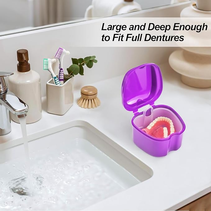Denture Bath Case Denture Cleaning Cup with Brush Set, 2 Pack False Teeth Container Denture Storage Bath Box Case Retainer Holder Case with Strainer Basket and Lid Waterproof - Purple & Black