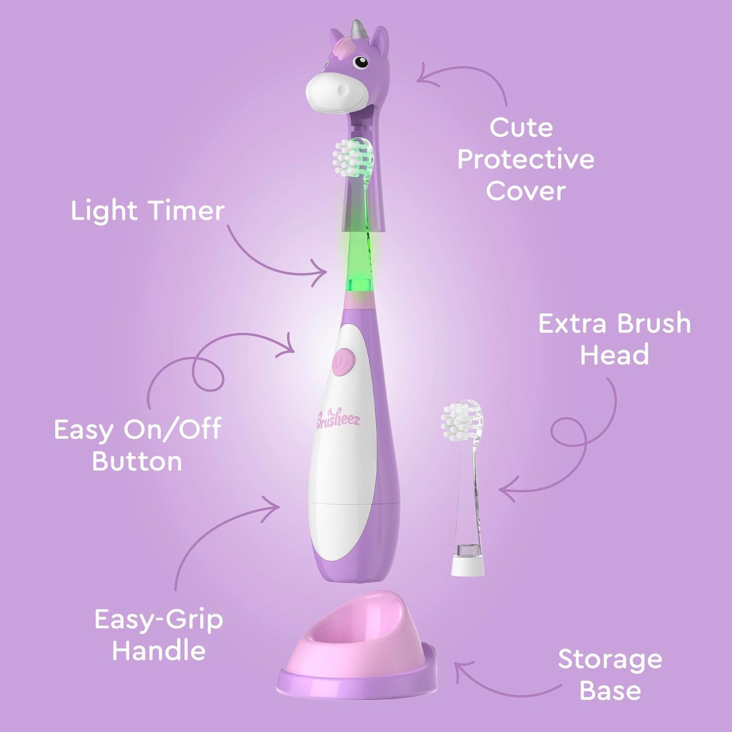 Brusheez Little Toddlers’ Sonic Toothbrush - Safe & Gentle Toothbrush for Ages 1-3 with Built-in, Light-Up 2-Minute Timer, Extra Brush Head, & Storage Base for First-Time Brushers (Lucky The Unicorn)