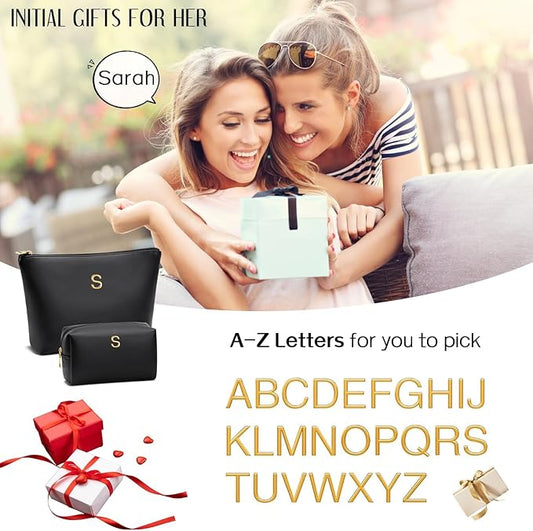 Women Gifts | Initial Makeup Bag Set for Girl Personalized Gifts for Bridesmaid Friend Graduation Teachers PU Leather Cosmetic Travel Toiletry Bag(Black,Z)
