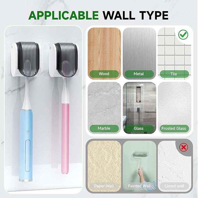 2 Pcs Toothbrush Holders Wall Mounted, Single Slot Design, Shower Self Adhesive Wall Mounted Toothbrush Holder with Cover, Waterproof and Dustproof, Suitable for Bathroom, Family, Travel (Grey)