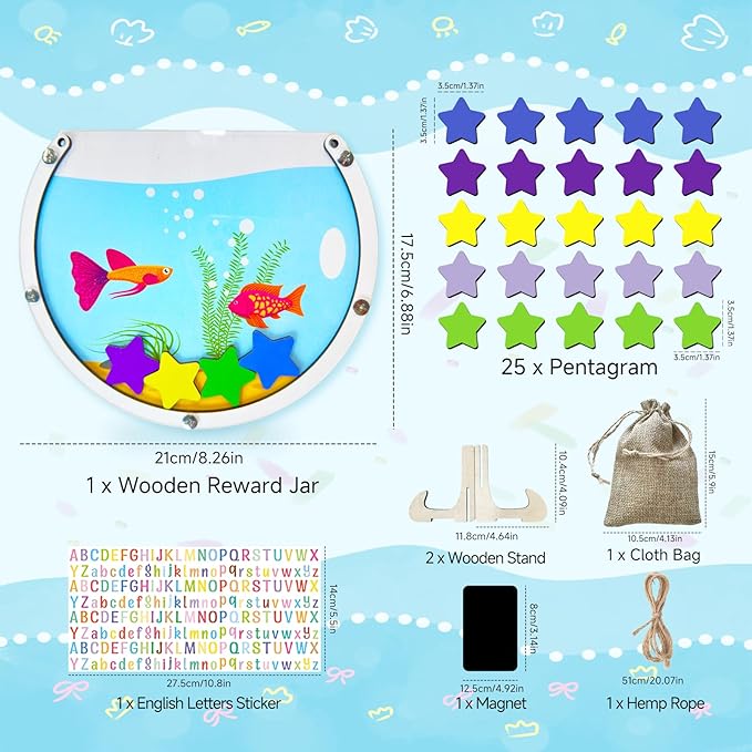 Magnetic Reward Jars for Kids - Large Fish Tank Shaped Reward Jar with Colorful Letter Stickers | Kids Behavior & Chore Chart for Classroom Incentives, Home, and Potty Training（25PCS)