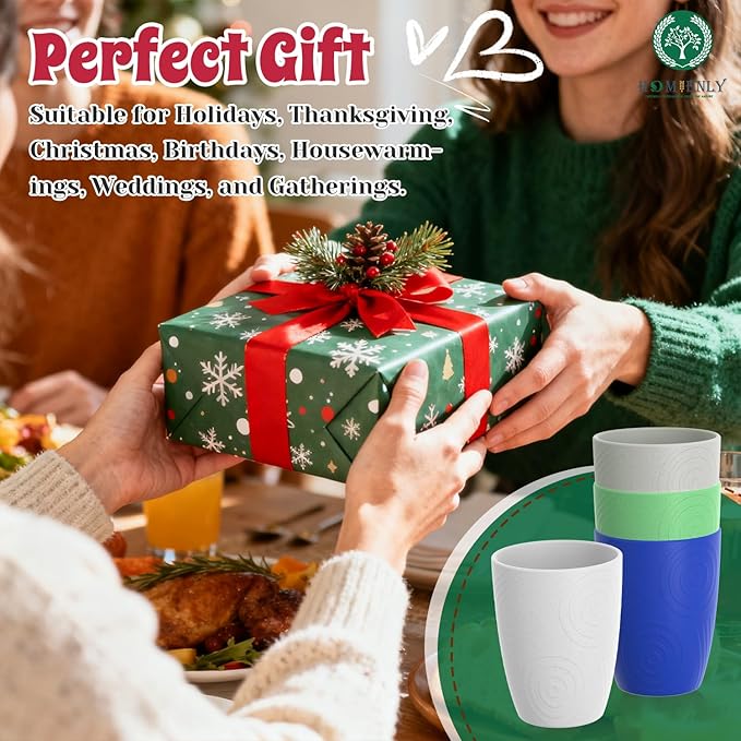 Homienly Drinking Glasses Set of 4, Wheat Straw Cups with Unique Texture, Reusbale Kids Cup, Stackable Cups for Kitchen, Home, Party, Camping, Dishwasher Safe Cup Tumbler 12 OZ - Island Color