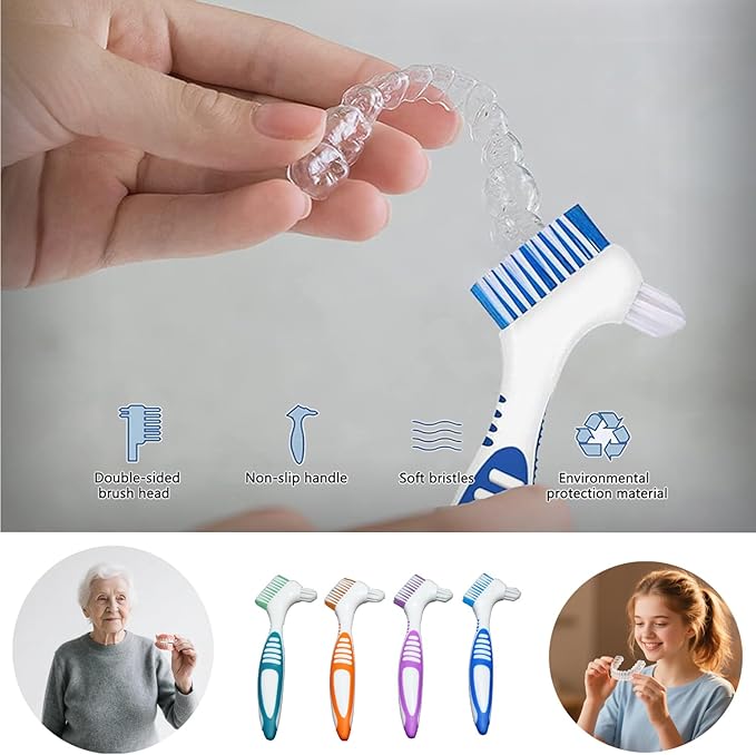 Denture Brush Dual Head Toothbrushes False Teeth Brush Denture Cleaning Kit Toothbrush (Purple Blue)