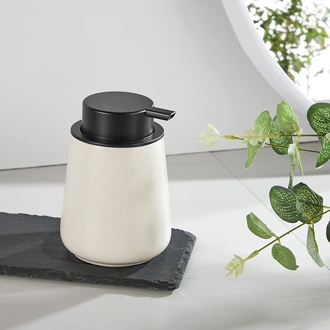 12Oz Foaming Soap Dispenser - Ceramic Foam Hand Soap Dispenser with Easy-to-Press Black Pump, Reusable and Refillable Lotion Dish Soap Dispensers for Bathroom & Kitchen, Speckled Matte Beige