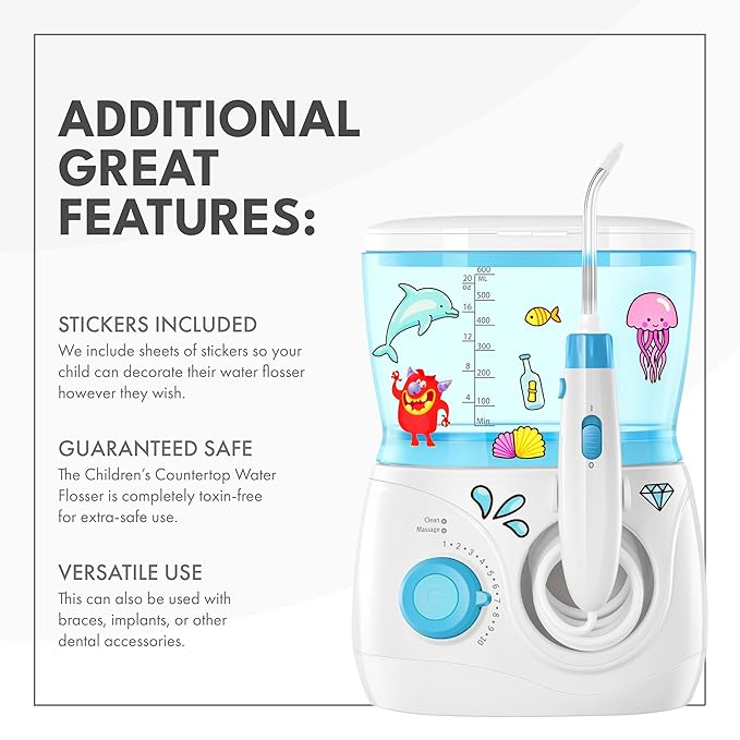 ToiletTree Products Children's Countertop Water Flosser - Dental Oral Irrigator for Kids - BPA-Free Dental Water Flosser with 600mL Capacity and Adjustable Water Pressure - Blue