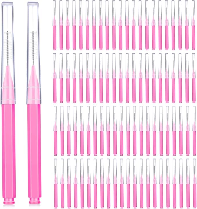 Patelai 100 Pieces Braces Brush for Cleaner Interdental Brush Toothpick Dental Tooth Flossing Head Oral Dental Hygiene Flosser Toothpick Cleaners Tooth Cleaning Tool(Pink,Portable Size)