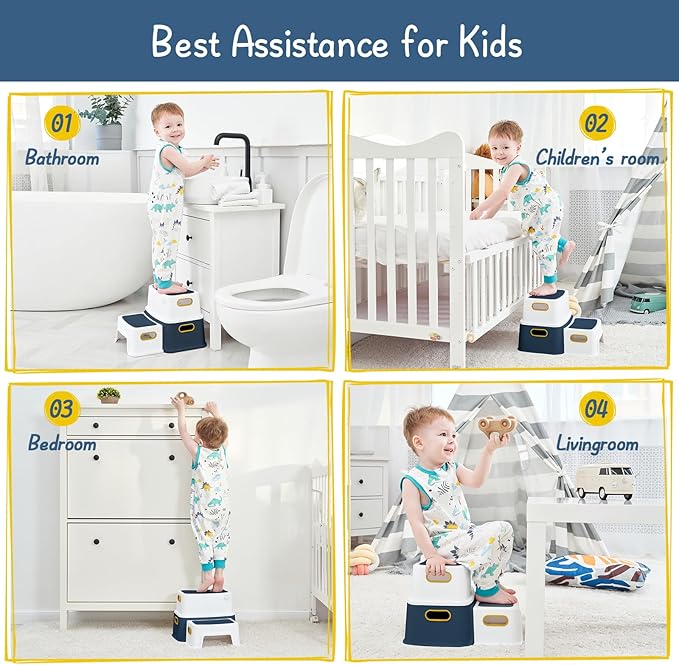 Forbena Toddler Step Stool for Bathroom Sink, Two Step Stool for Kids Toilet Potty Training, Toddlers Baby Child Kid Plastic Poop Stools with Handles for Kitchen Counter Bed (Navy Blue-Yellow)