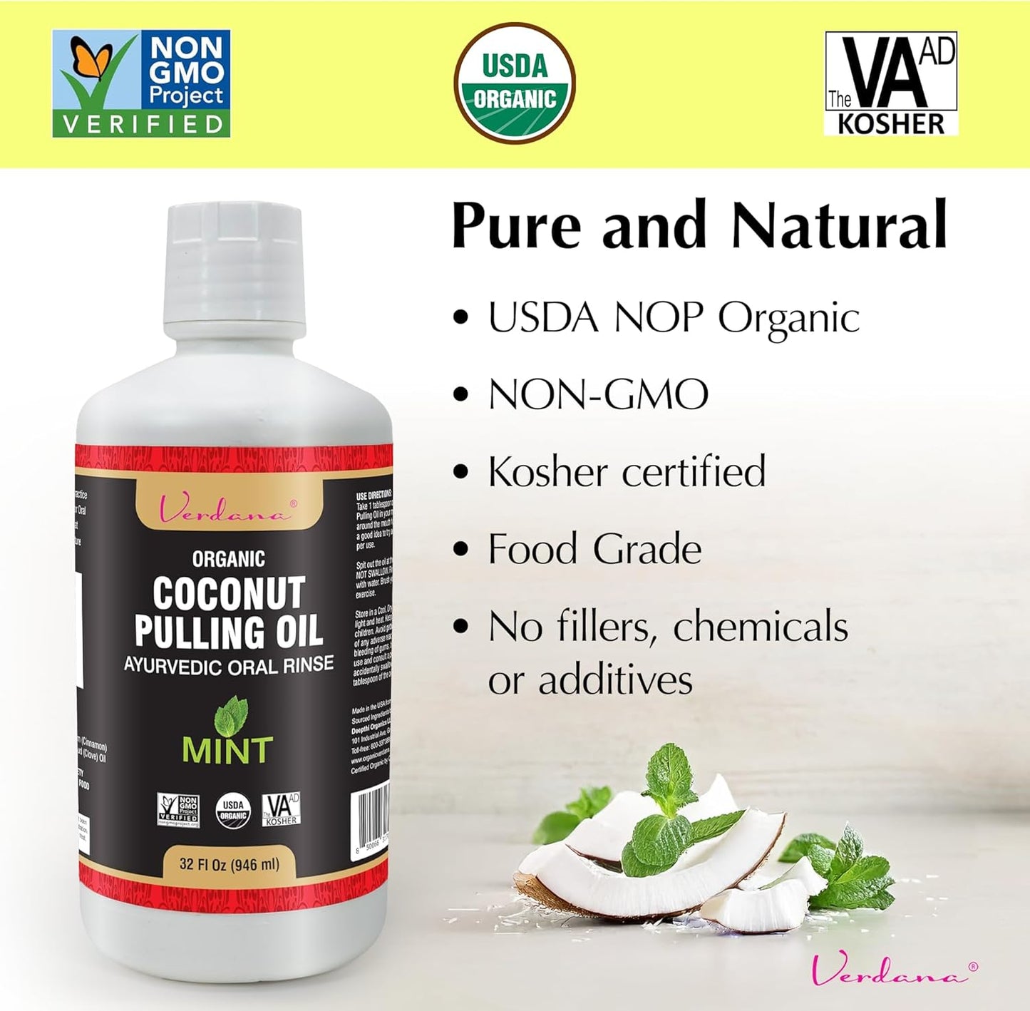 Verdana Organic Oil Pulling for Teeth & Gums – 32 oz Mint – USDA Organic Coconut Pulling Oil Rinse – Alcohol-Free, Fluoride-Free – Natural Mouthwash for Fresh Breath, Gum Health & Oral Detox